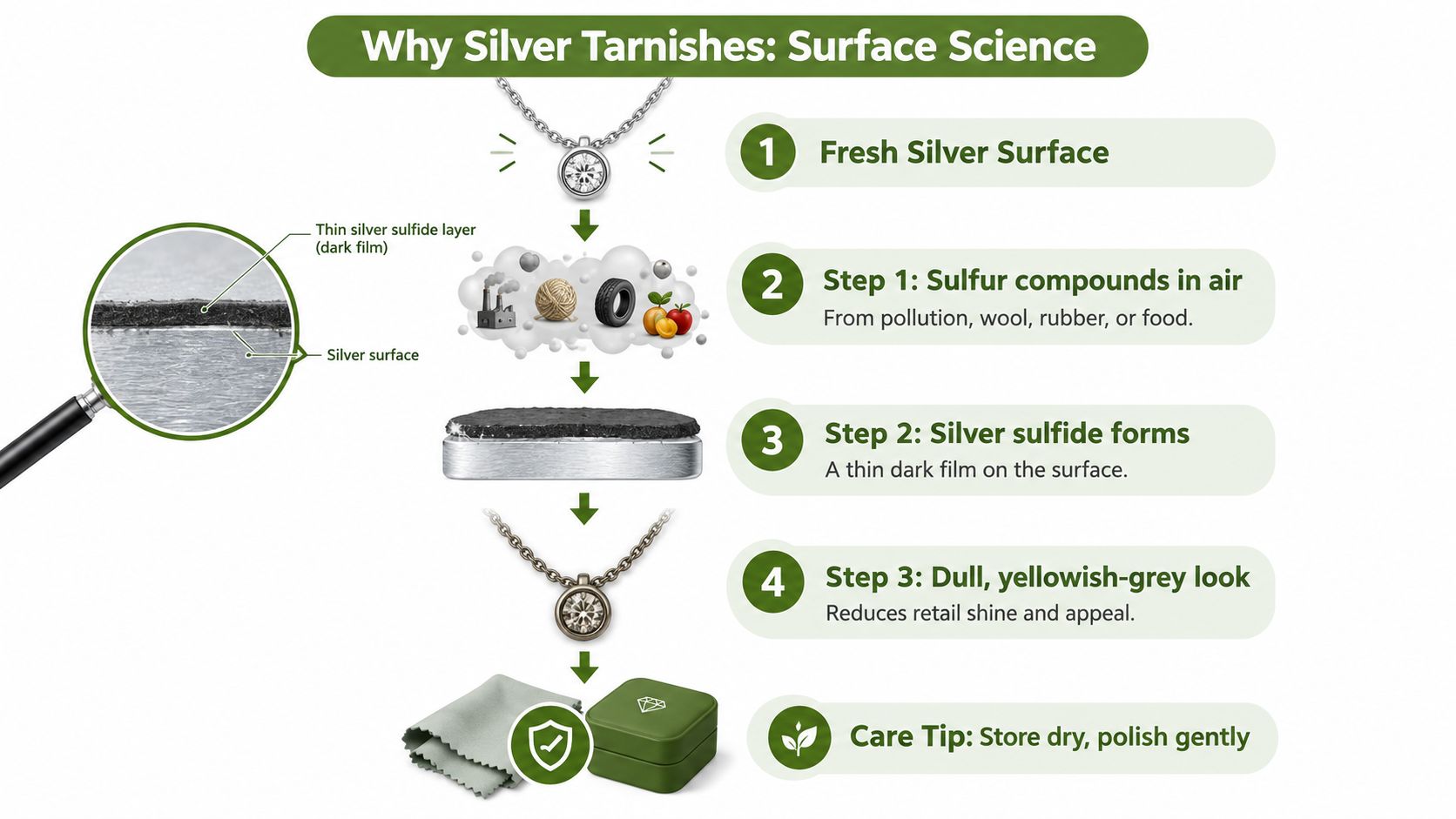 A diagram explaining the process of how silver jewelry tarnishes, showing sulfur compounds forming a dark layer.