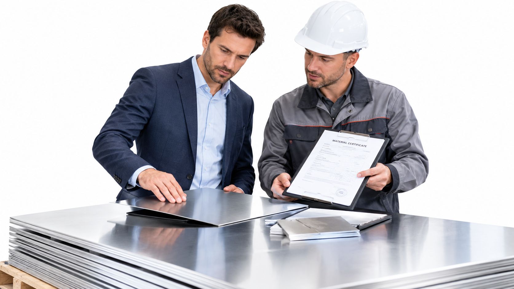 A businessman and a construction worker in a hard hat inspecting stainless steel sheets in a warehouse.