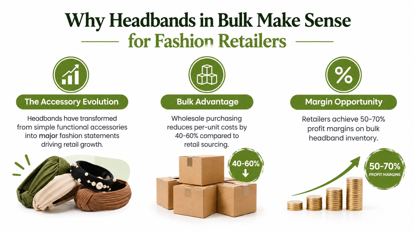 An infographic showing why buying headbands in bulk is profitable for fashion retail businesses.