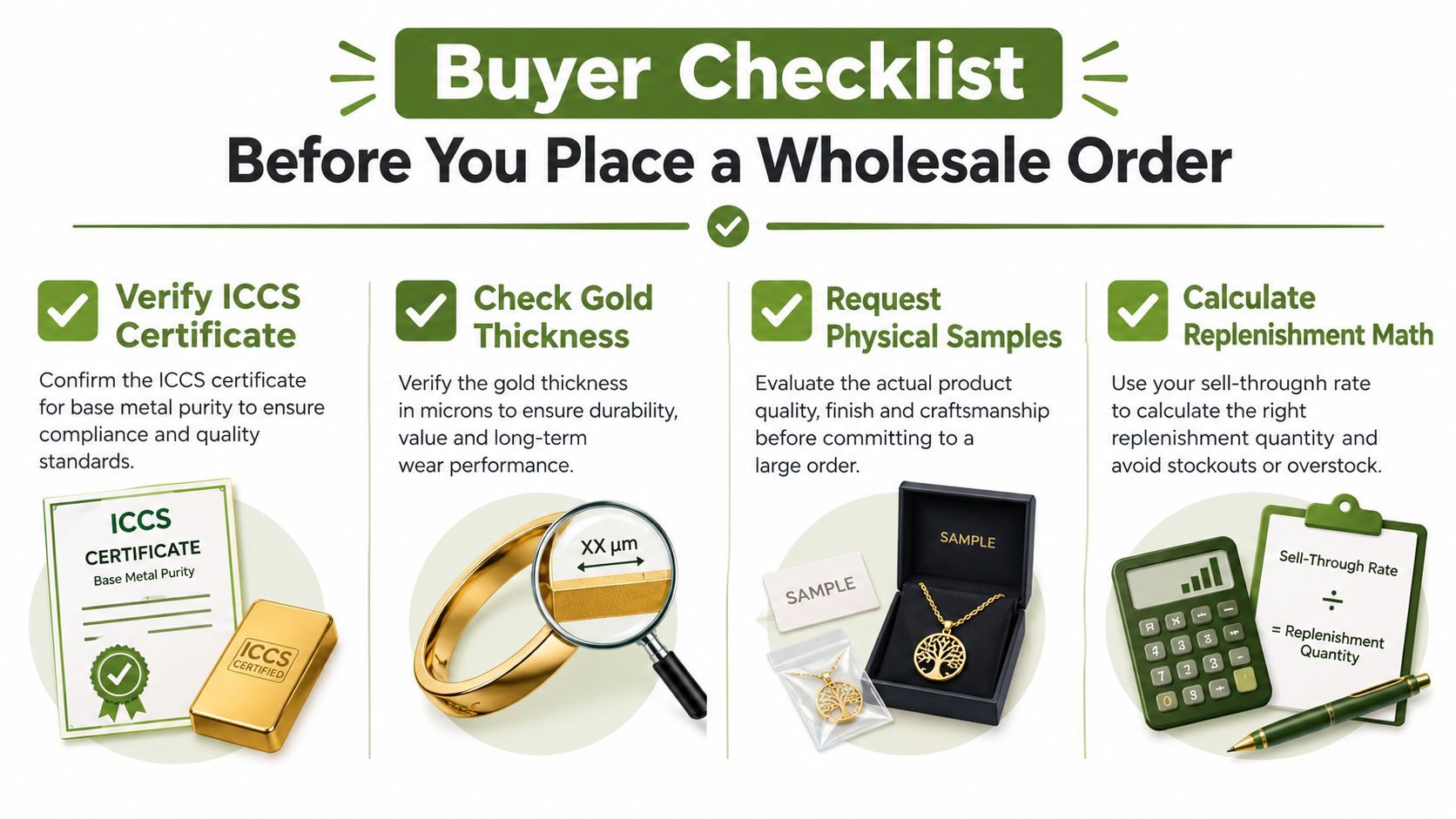 Wholesale gold-plated jewelry checklist for layer specifications, samples, compliance evidence and order planning