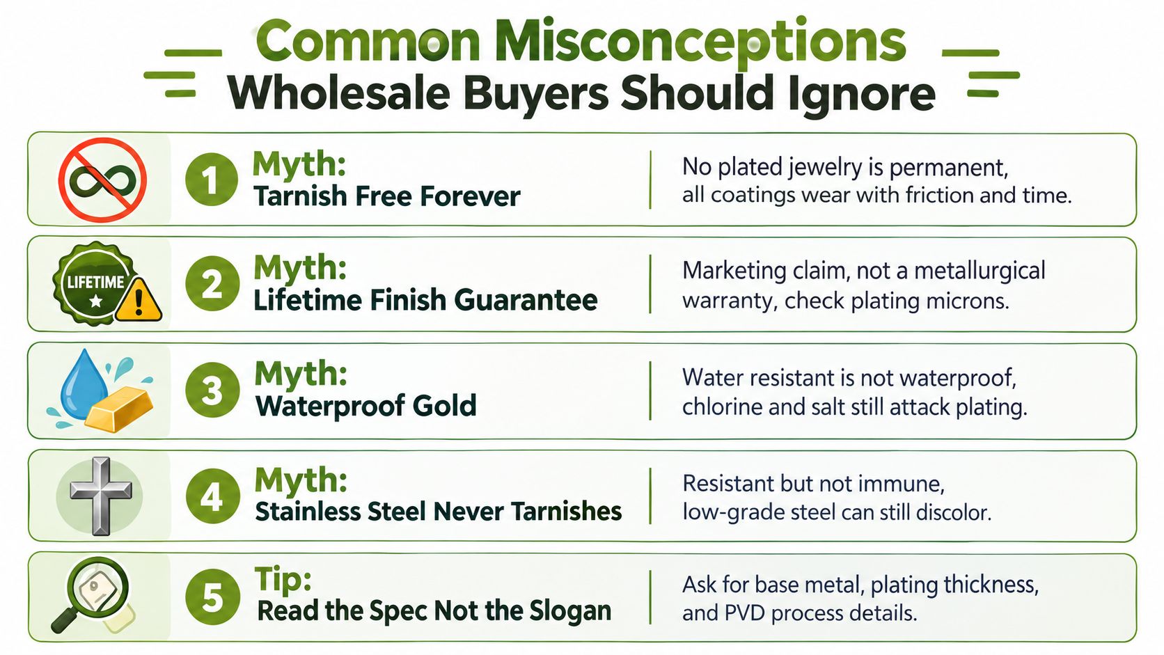 An infographic detailing common jewelry myths about durability, tarnish resistance, and quality standards for wholesale buyers.