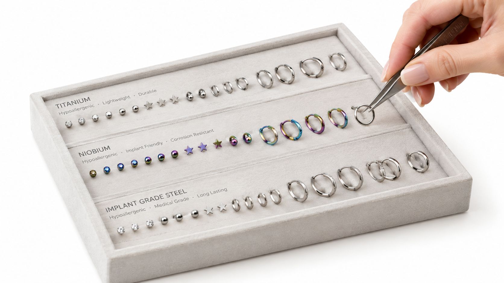A hand uses tweezers to select a silver hoop earring from a tray of hypoallergenic helix earrings.