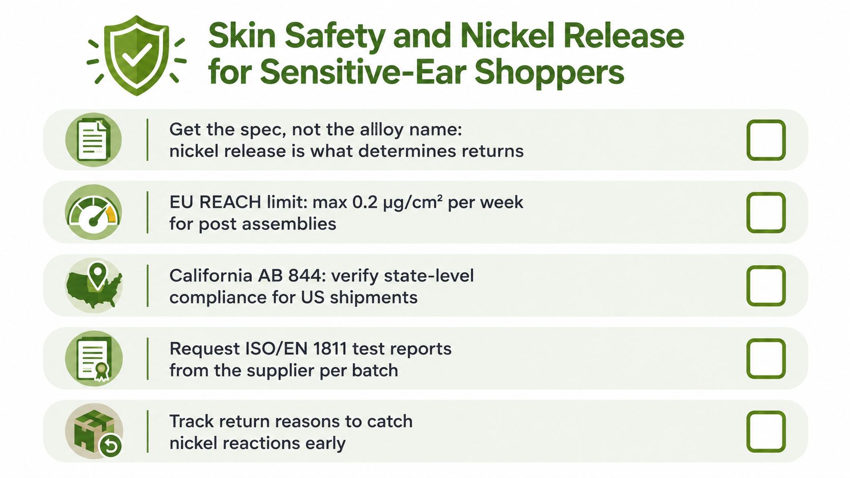 An infographic titled Skin Safety and Nickel Release for Sensitive-Ear Shoppers offering jewelry safety tips.