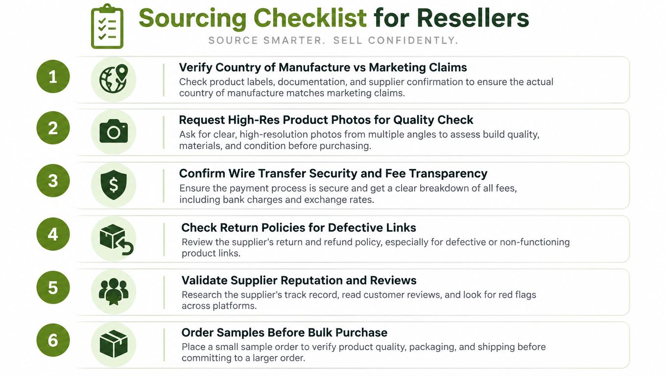 Six-step sourcing checklist covering supplier review, samples, quality checks, terms, verification and bulk purchase.