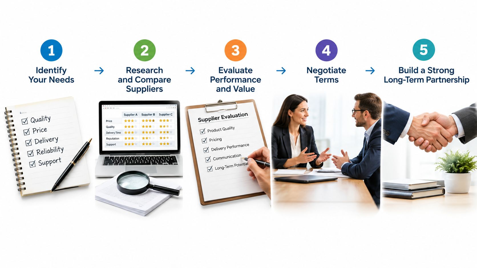A five-step infographic showing the business process for choosing and partnering with a professional product supplier.