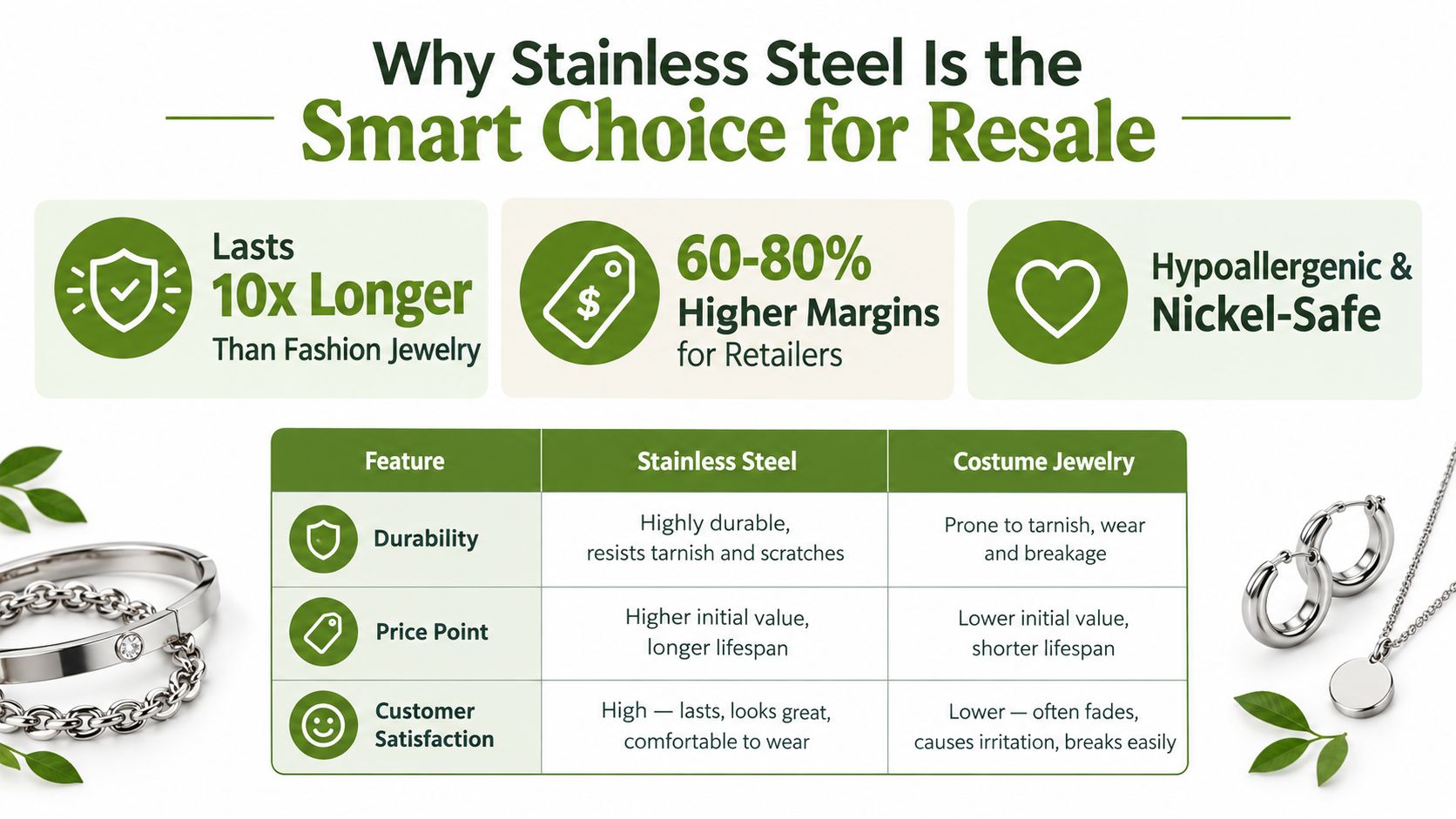 A comparison chart showing the benefits of stainless steel jewelry versus costume jewelry for retail resale.
