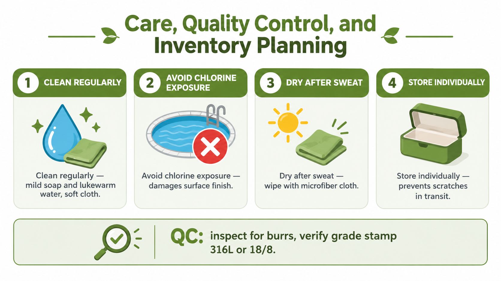 An infographic showing four steps for jewelry care and a quality control checklist for stainless steel products.