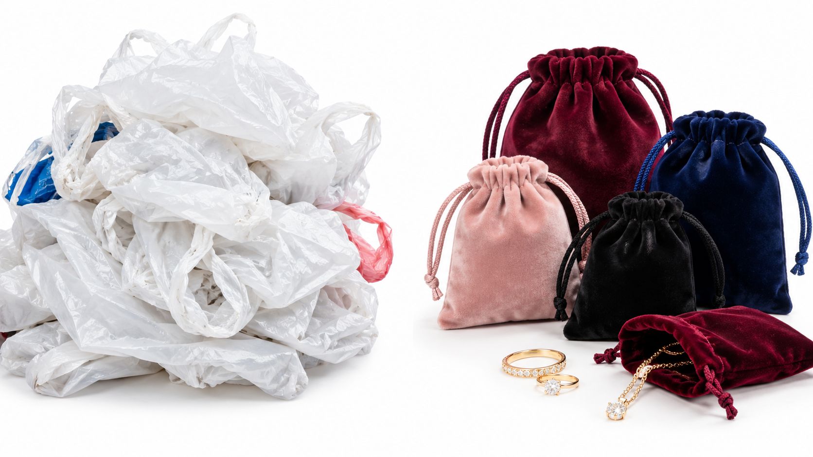 A contrast between a pile of disposable plastic bags and reusable velvet jewelry pouches with fine jewelry.