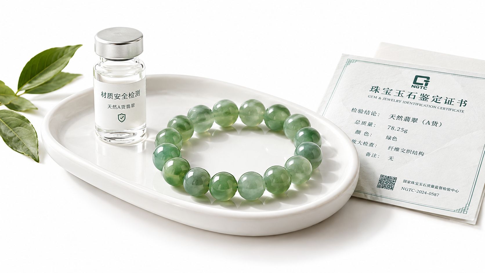 A beautiful green jade beaded bracelet on a white tray with a certificate and a test vial.