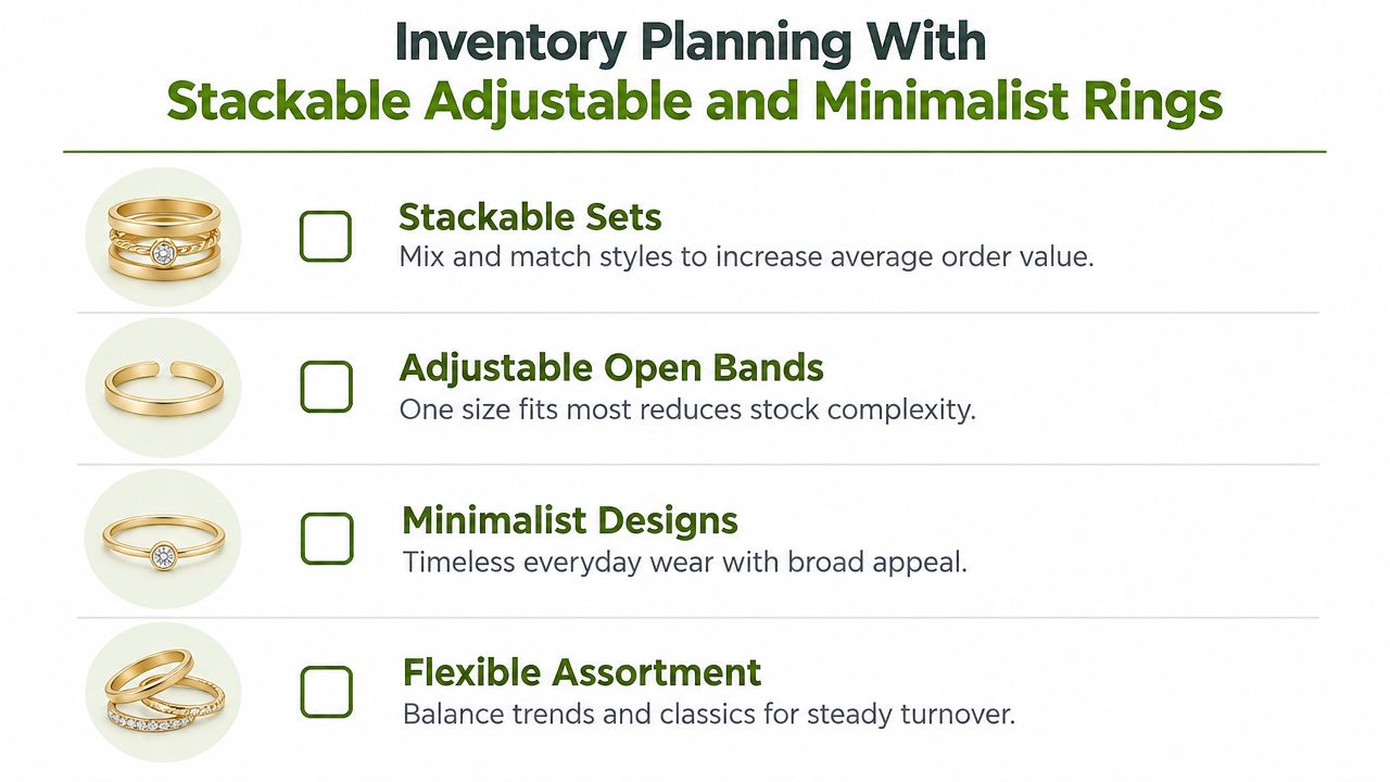 A graphic guide for jewelry inventory planning highlighting stackable, adjustable, minimalist, and versatile ring designs for businesses.