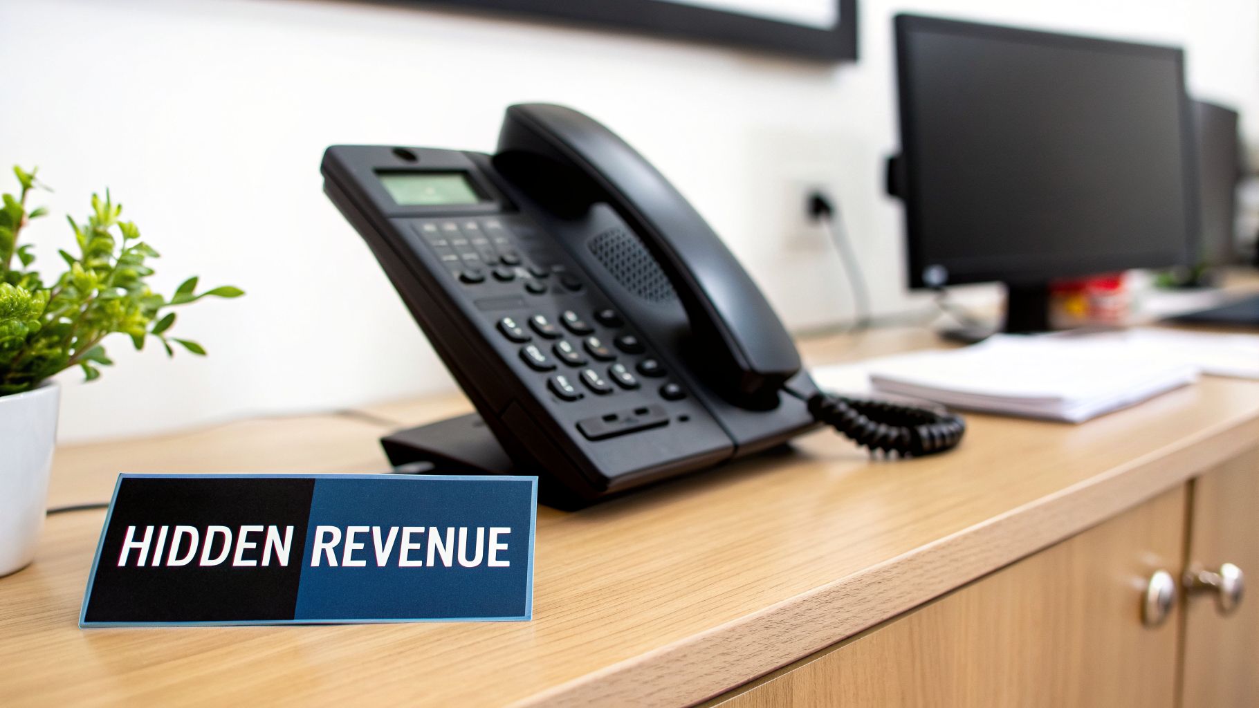 A clean office desk features a black telephone, a small green plant, and a 'HIDDEN REVENUE' sign.
