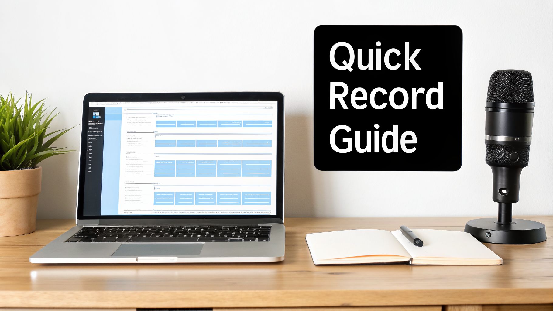 A desk with a laptop, microphone, open notebook, and a 'Quick Record Guide' sign, setup for recording.