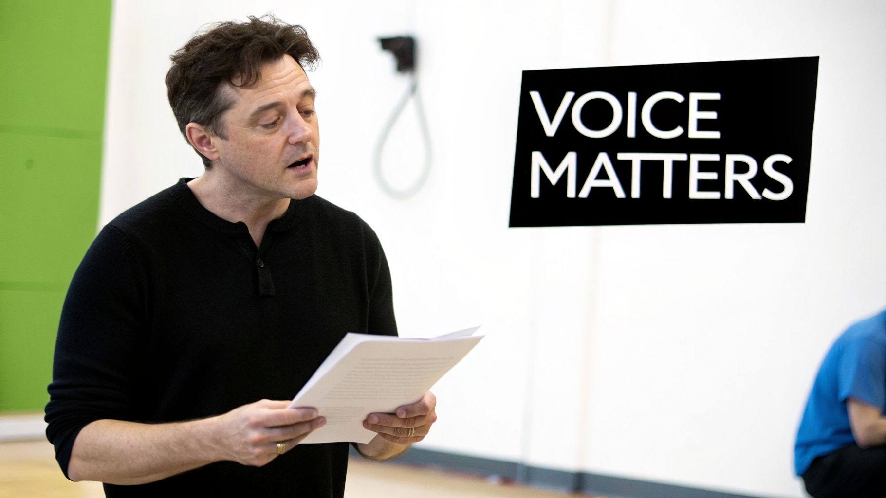 A man in a black shirt reads papers in front of a 'VOICE MATTERS' sign.