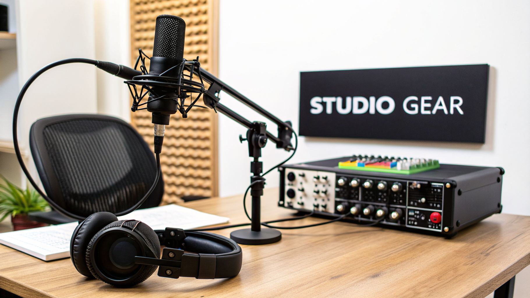 A professional podcast studio setup with a microphone, headphones, and audio equipment on a wooden desk.