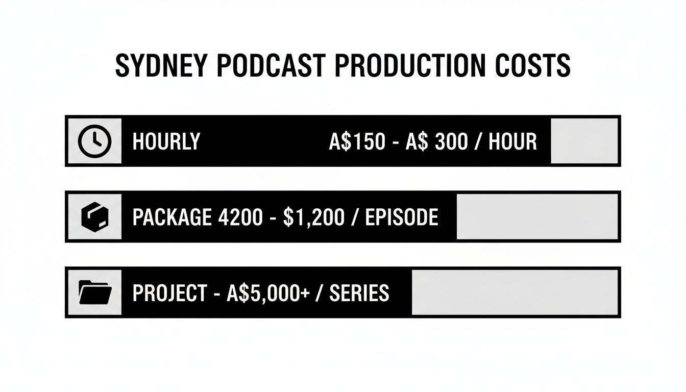 Infographic displaying Sydney podcast production costs, including hourly, package, and project rates per episode or series.