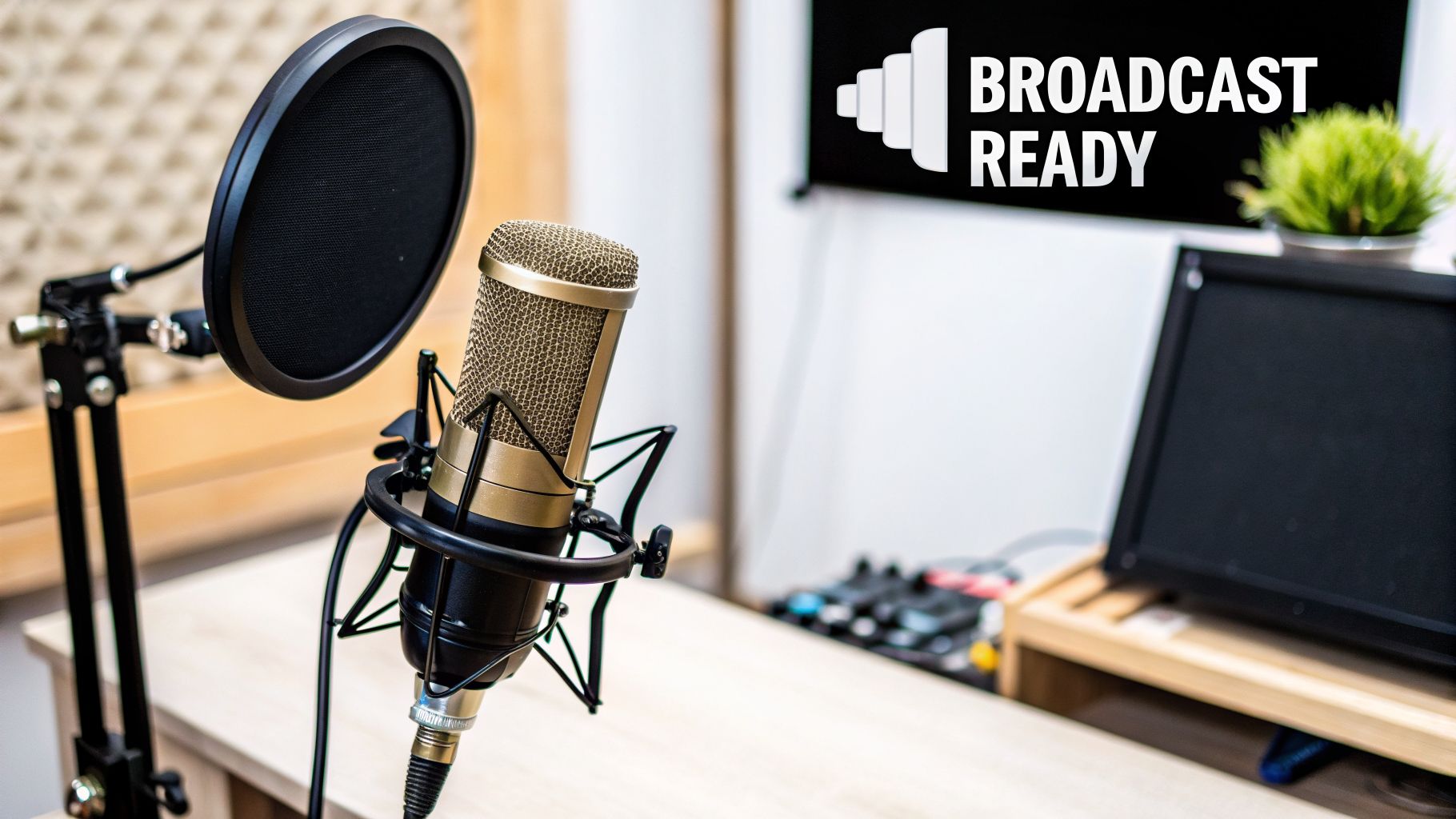A gold and black condenser microphone with a pop filter and stand in a recording studio.