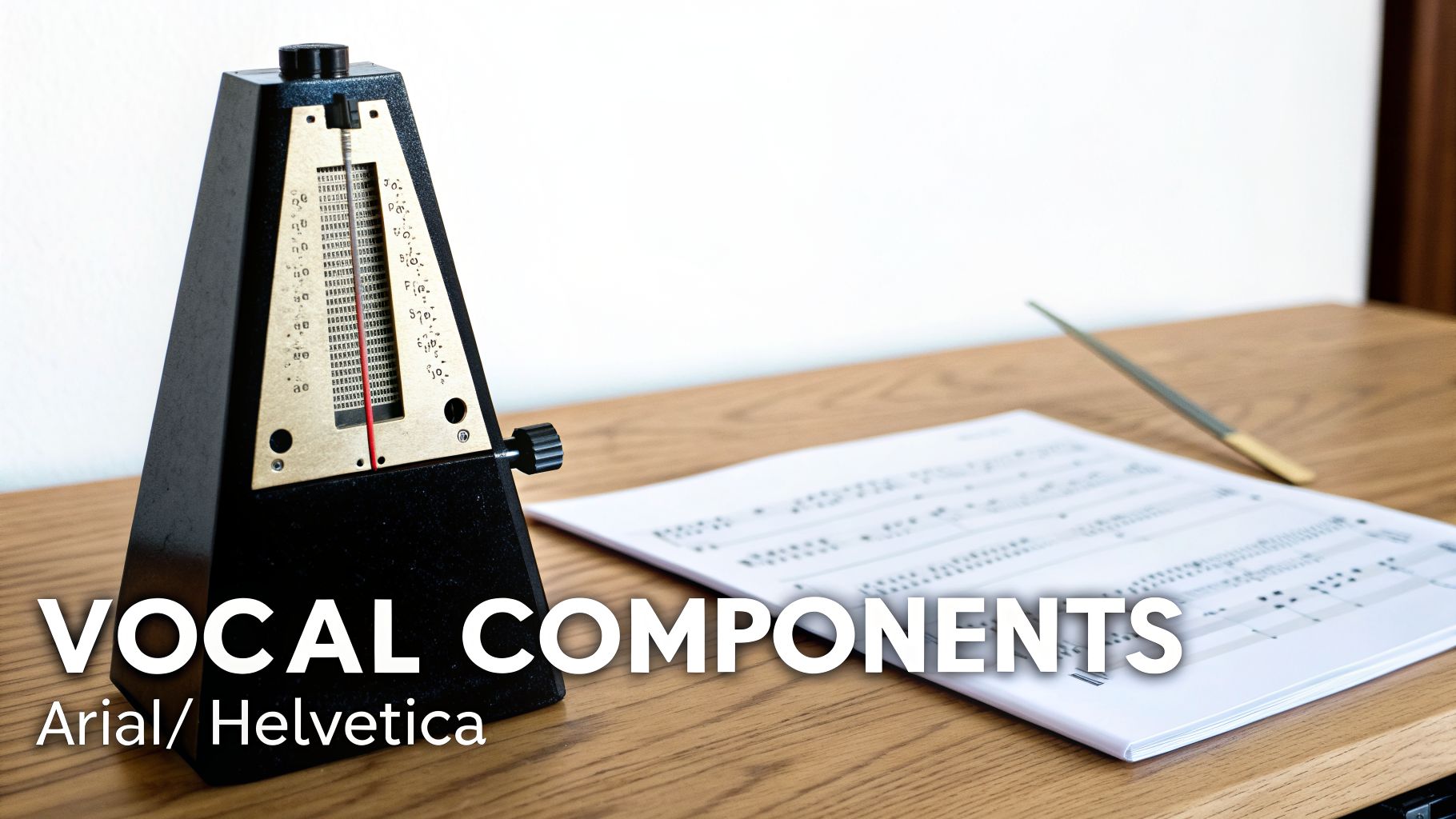 A metronome, sheet music, and conductor's baton on a wooden desk, with text overlay 'VOCAL COMPONENTS'.