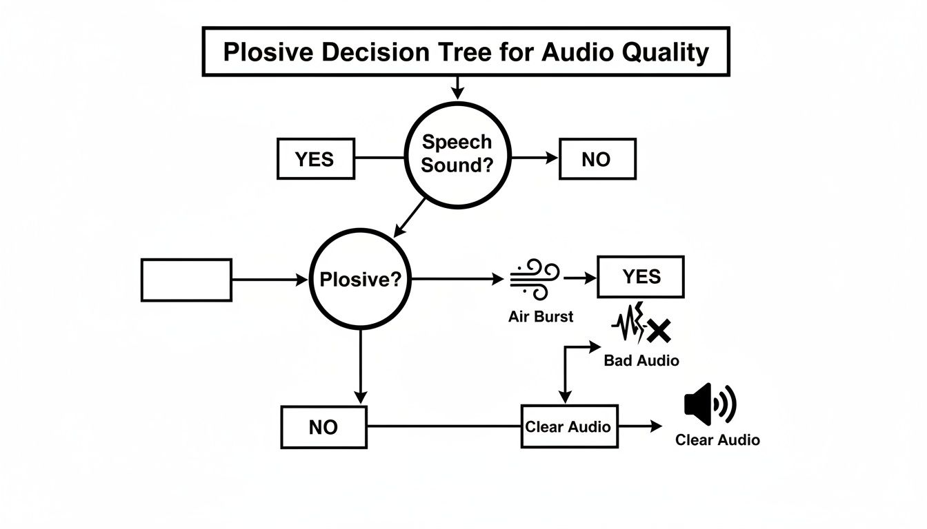 Decision tree illustrating how plosive sounds and air bursts affect speech audio quality.