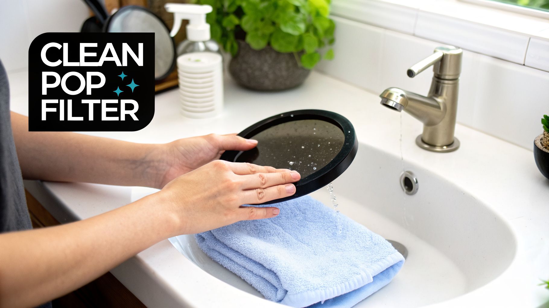 Person's hands cleaning a black pop filter under running water in a white sink.