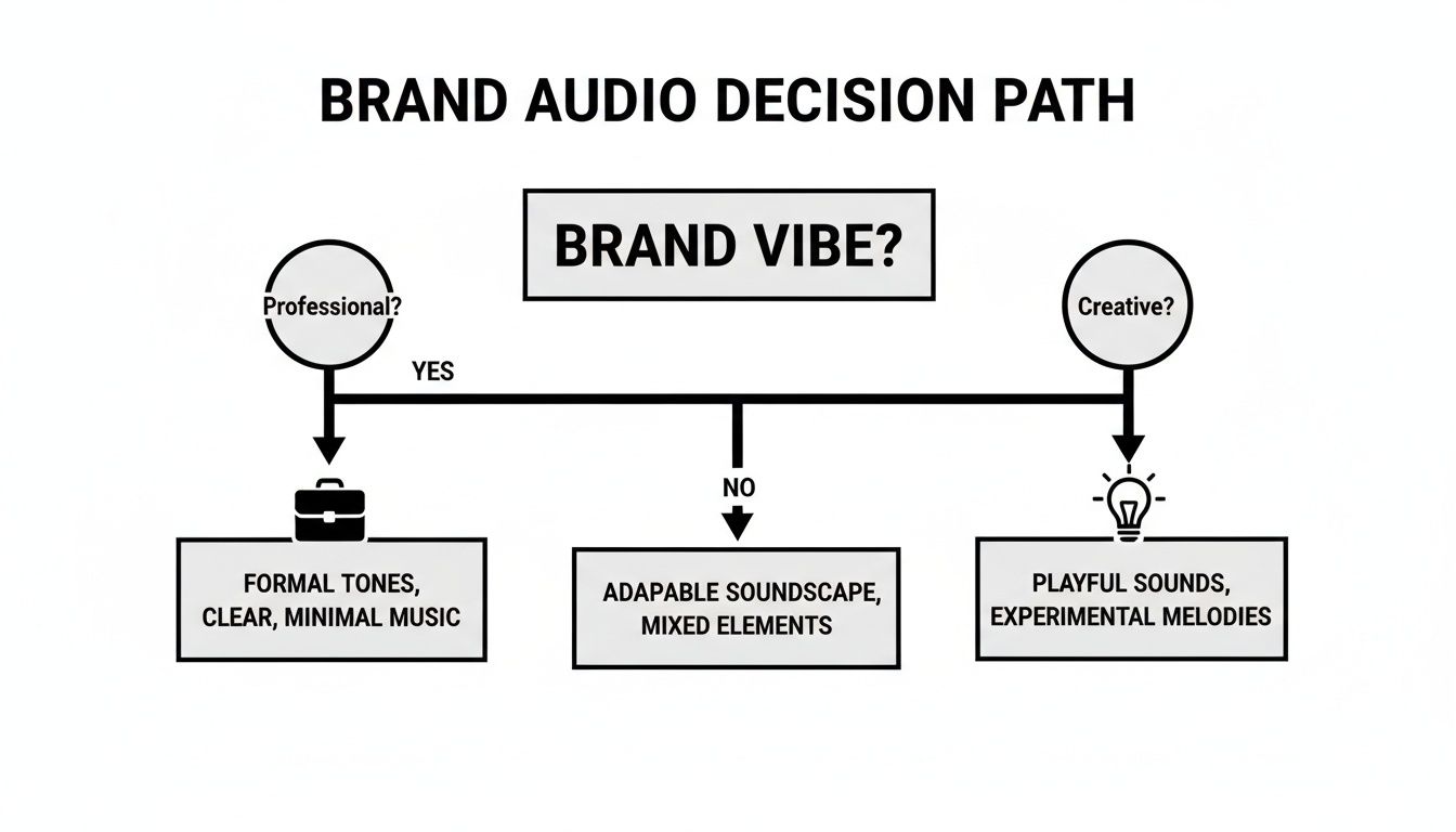 Decision tree for brand audio, guiding choices based on professional, creative, or adaptable vibes.