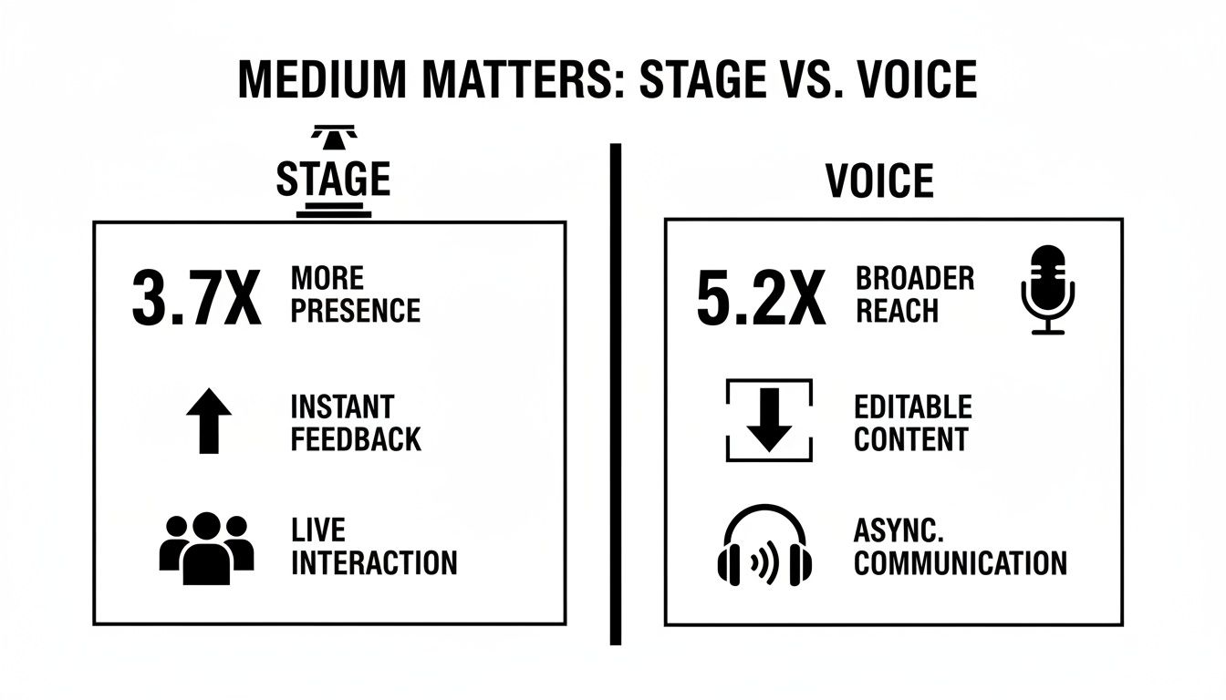 Infographic comparing advantages of Stage (presence, feedback, interaction) versus Voice (reach, editable, async communication).