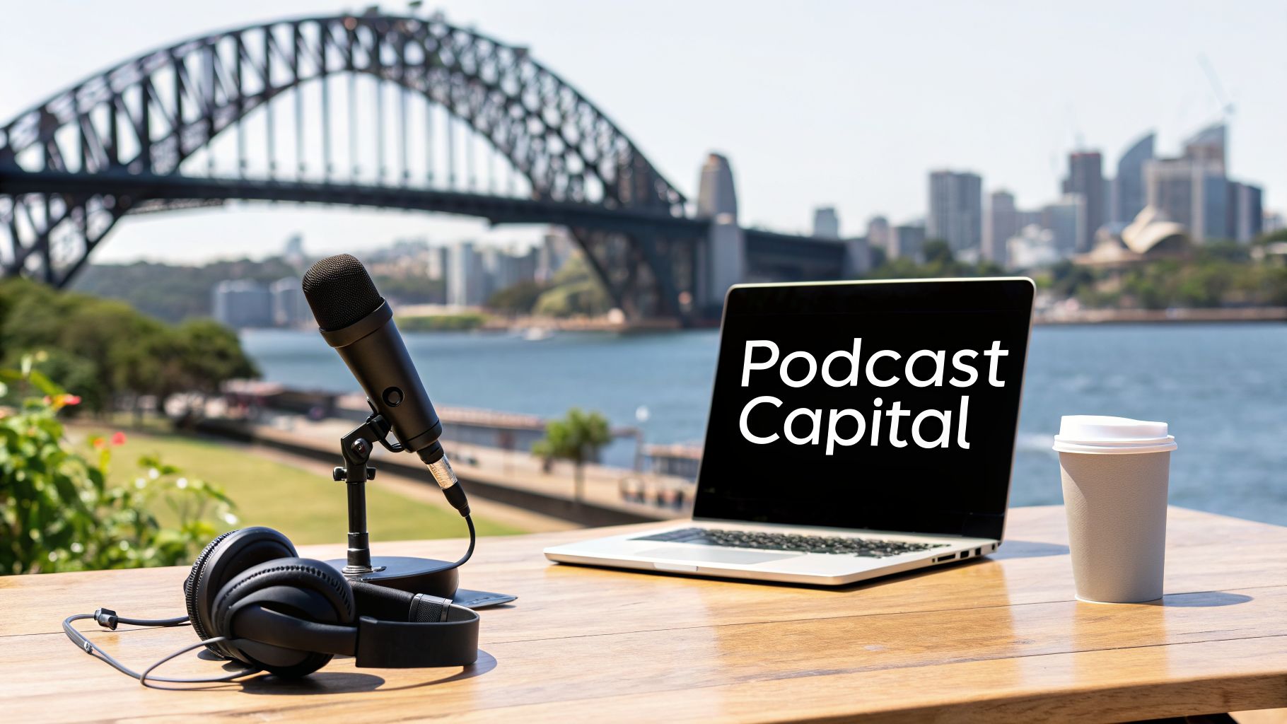 Podcast setup with microphone, headphones, and laptop on a table, overlooking the Sydney Harbour Bridge.
