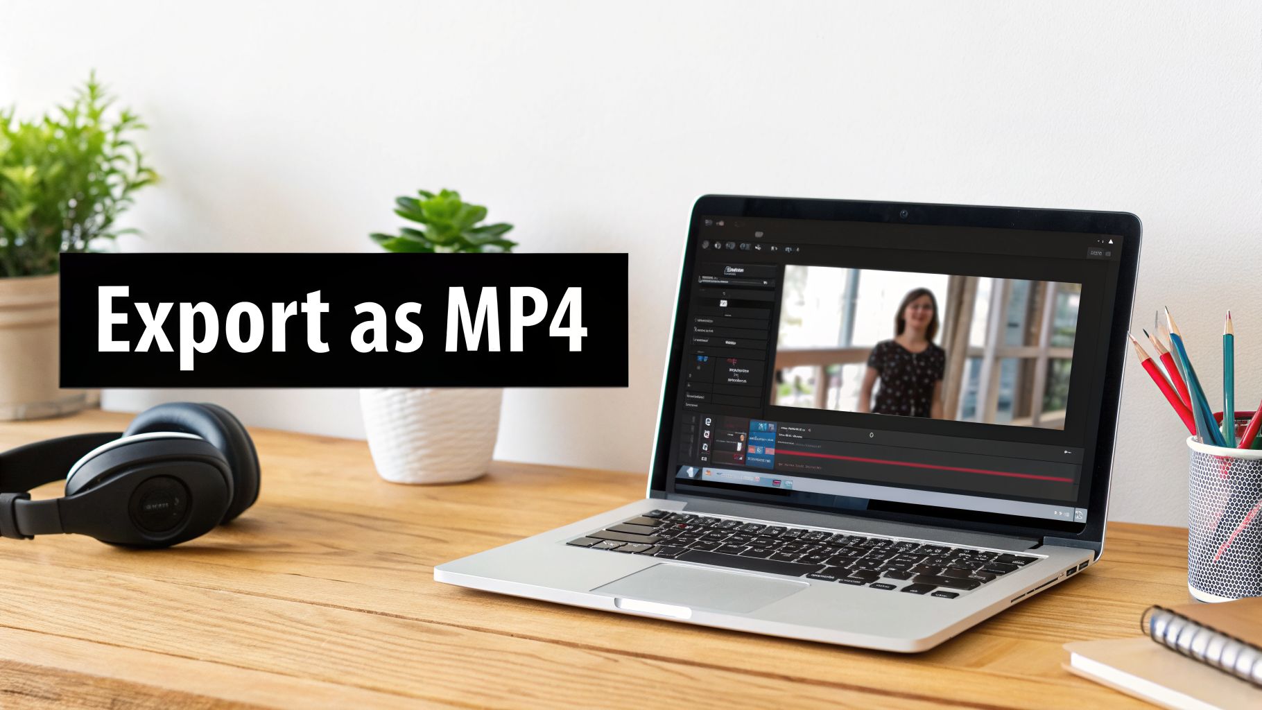 A laptop on a wooden desk displaying video editing software with 'Export as MP4' text overlay.