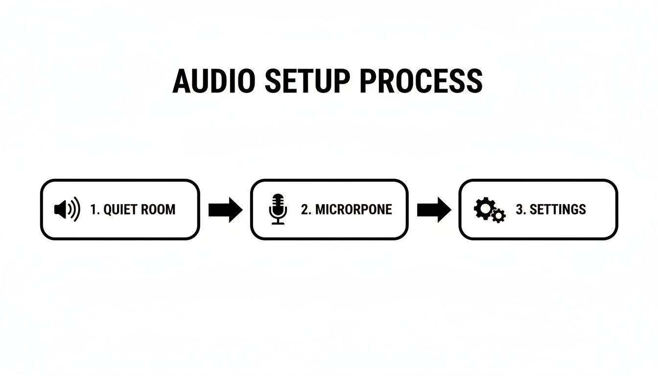 A diagram illustrating the audio setup process, showing three steps: 1. Quiet Room, 2. Microphone, 3. Settings.