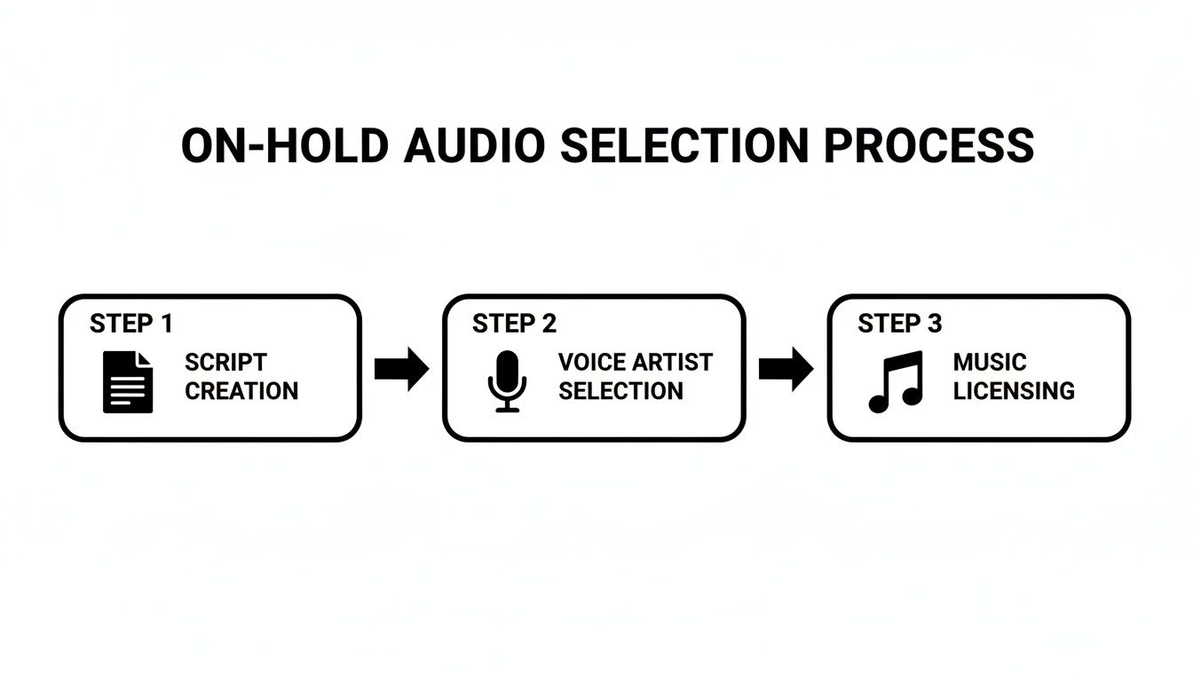 A three-step process for on-hold audio selection: Script Creation, Voice Artist Selection, and Music Licensing.