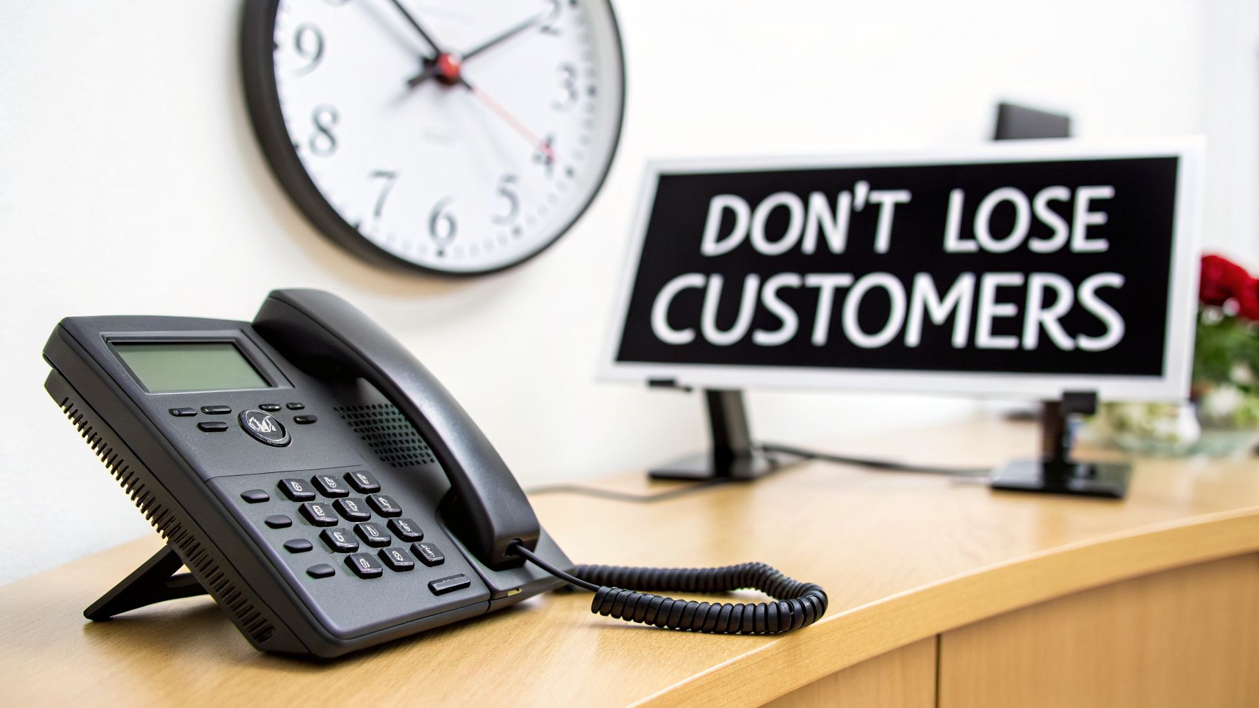 A black office phone on a wooden desk with a sign reading 'Don't Lose Customers' and a clock.