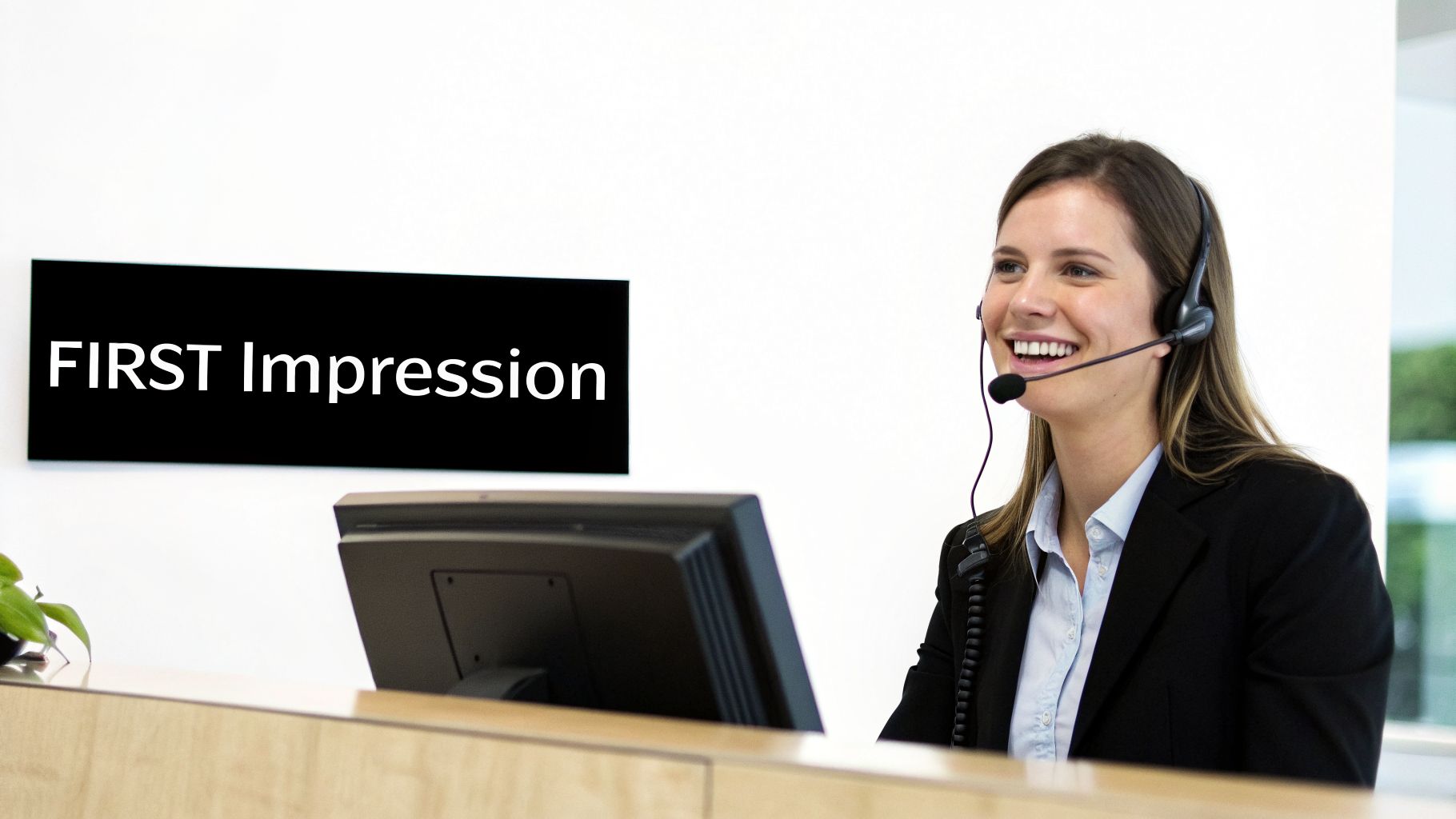 A smiling woman with a headset works at a reception desk, with a "FIRST Impression" sign visible.