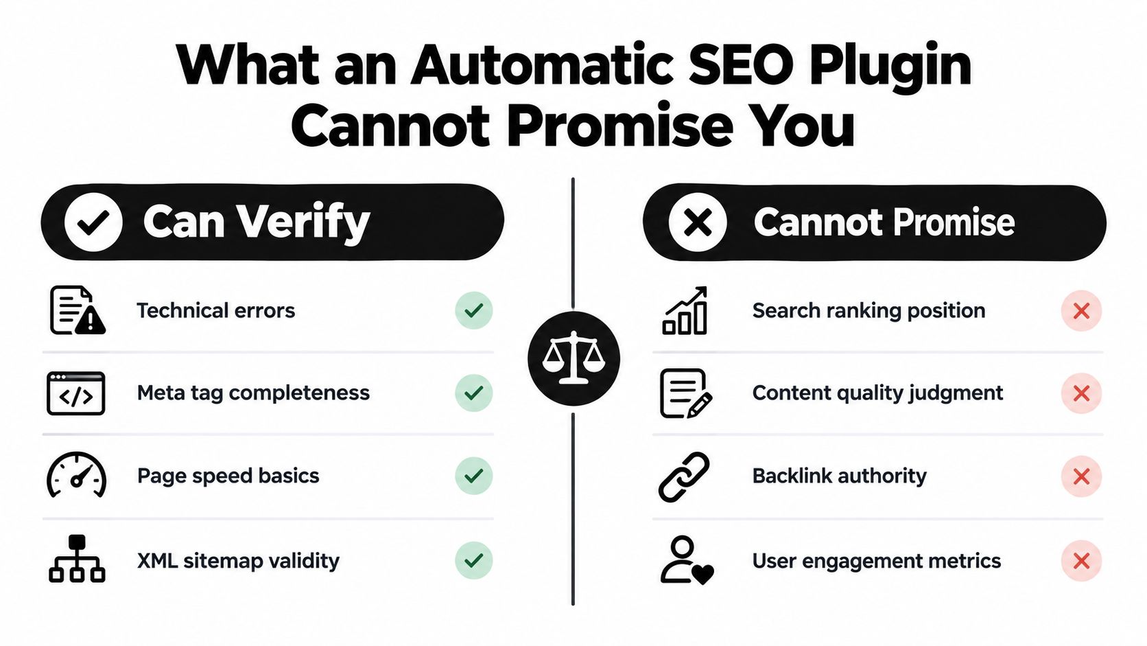 A comparison chart showing technical items an automatic SEO plugin can verify versus limitations it cannot promise.
