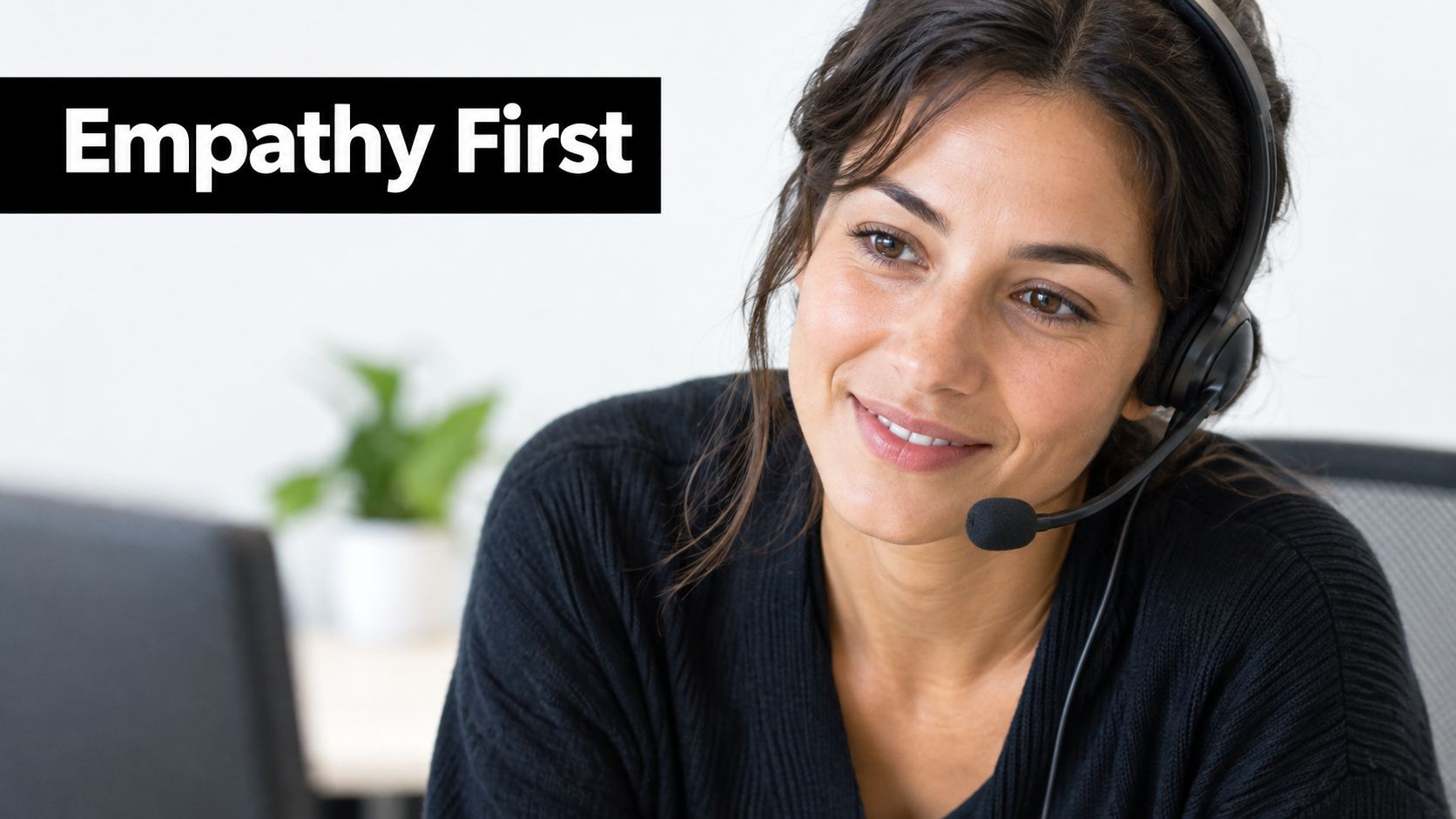 A smiling customer support agent wearing a headset, working in a professional office environment.
