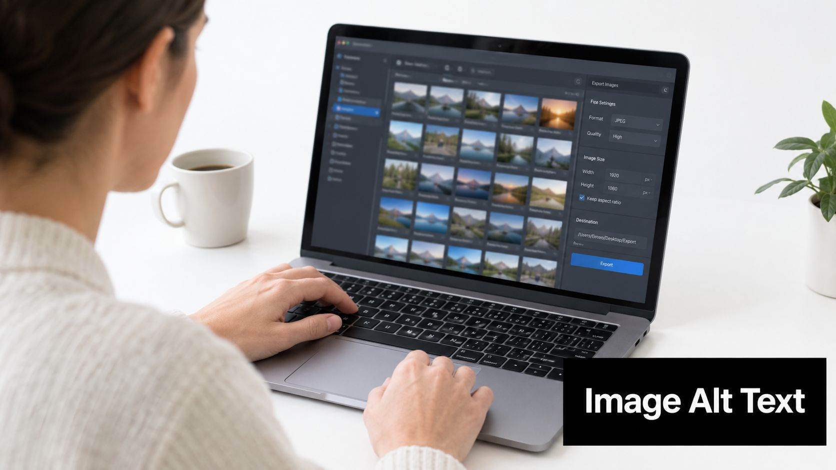 A professional woman editing a collection of landscape photographs on a high-end laptop computer.