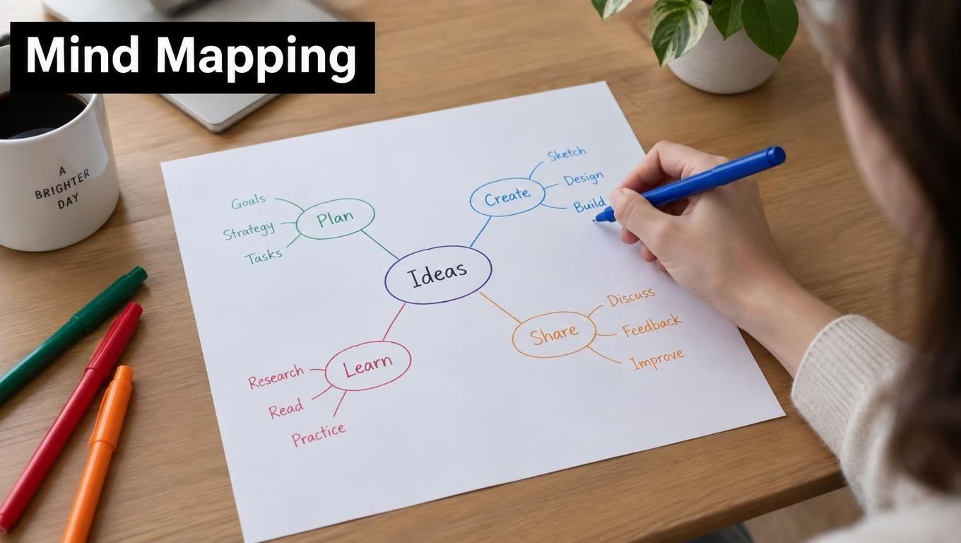 A person drawing a colorful mind map titled Ideas on a white paper on a wooden desk.