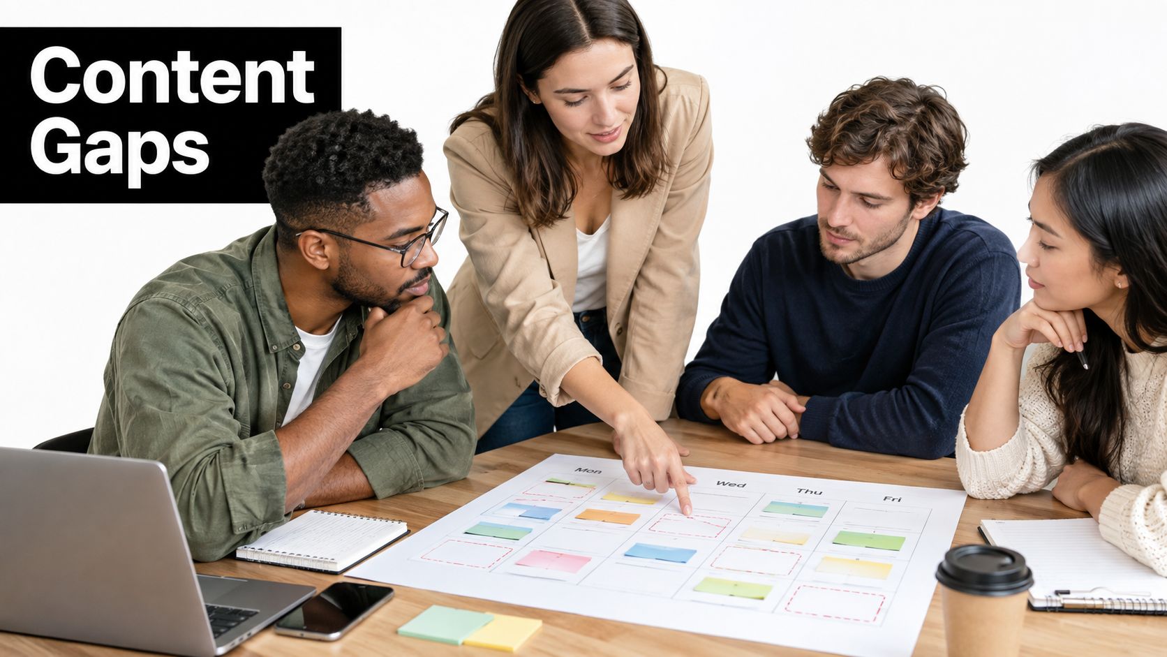 A diverse team of professionals collaboratively planning a content strategy using a calendar chart at a desk.
