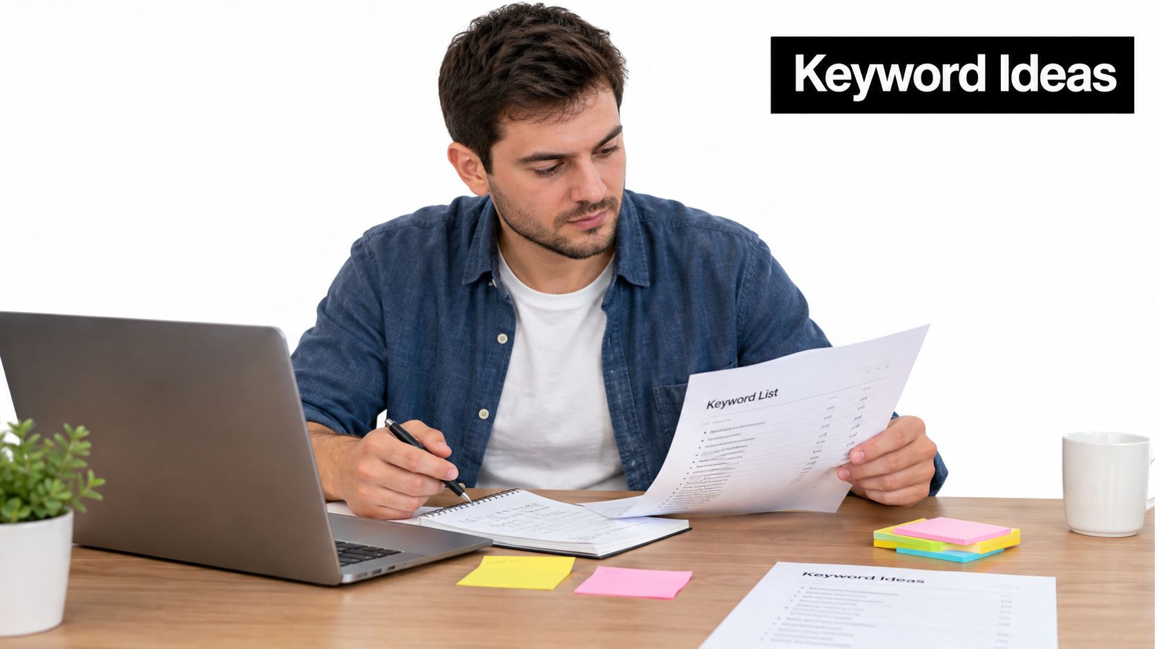 A man sitting at a desk reviewing a keyword list document while taking notes on a laptop.