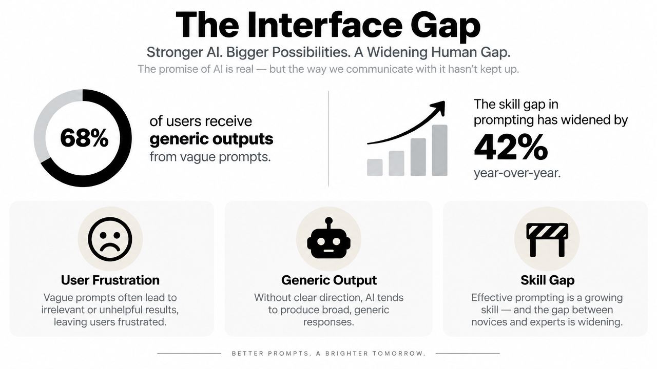 An infographic titled The Interface Gap highlighting the challenges of effective AI prompting and user frustration.