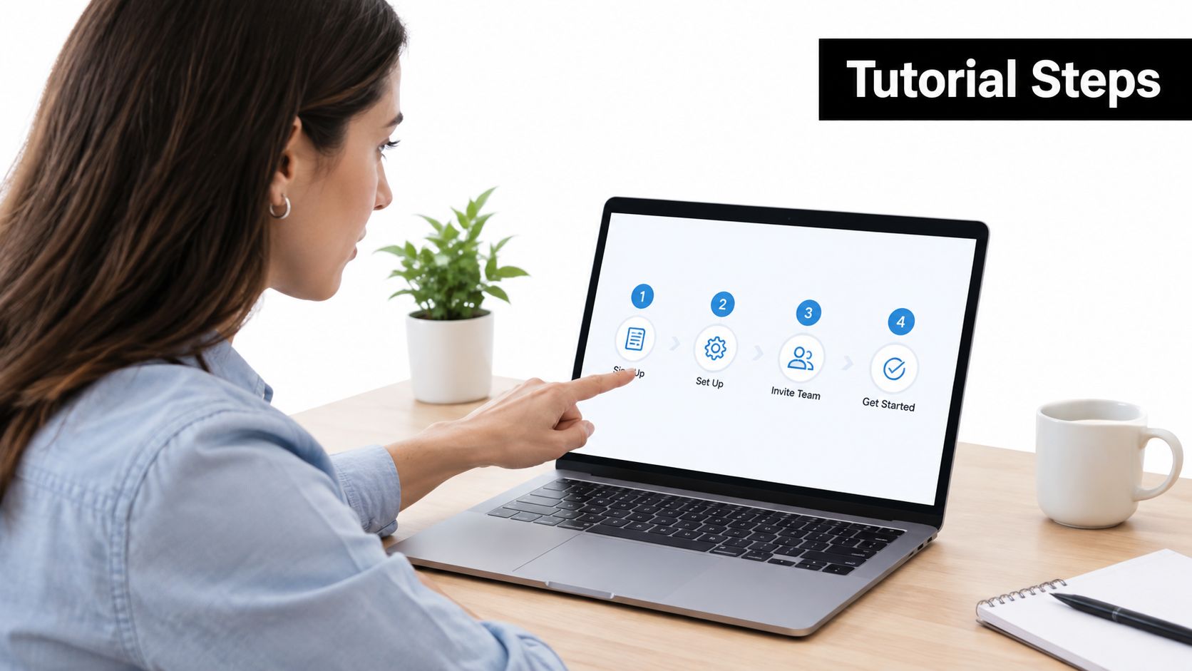A woman working on a laptop displaying a four-step tutorial process for business setup and team onboarding.