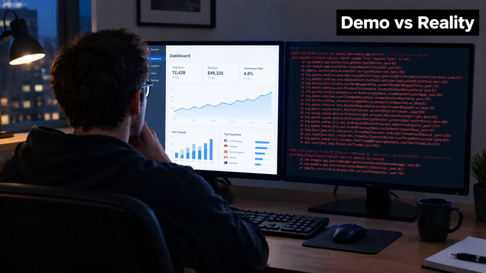 A developer working on two monitors, showing a clean dashboard demo versus complex backend error logs.