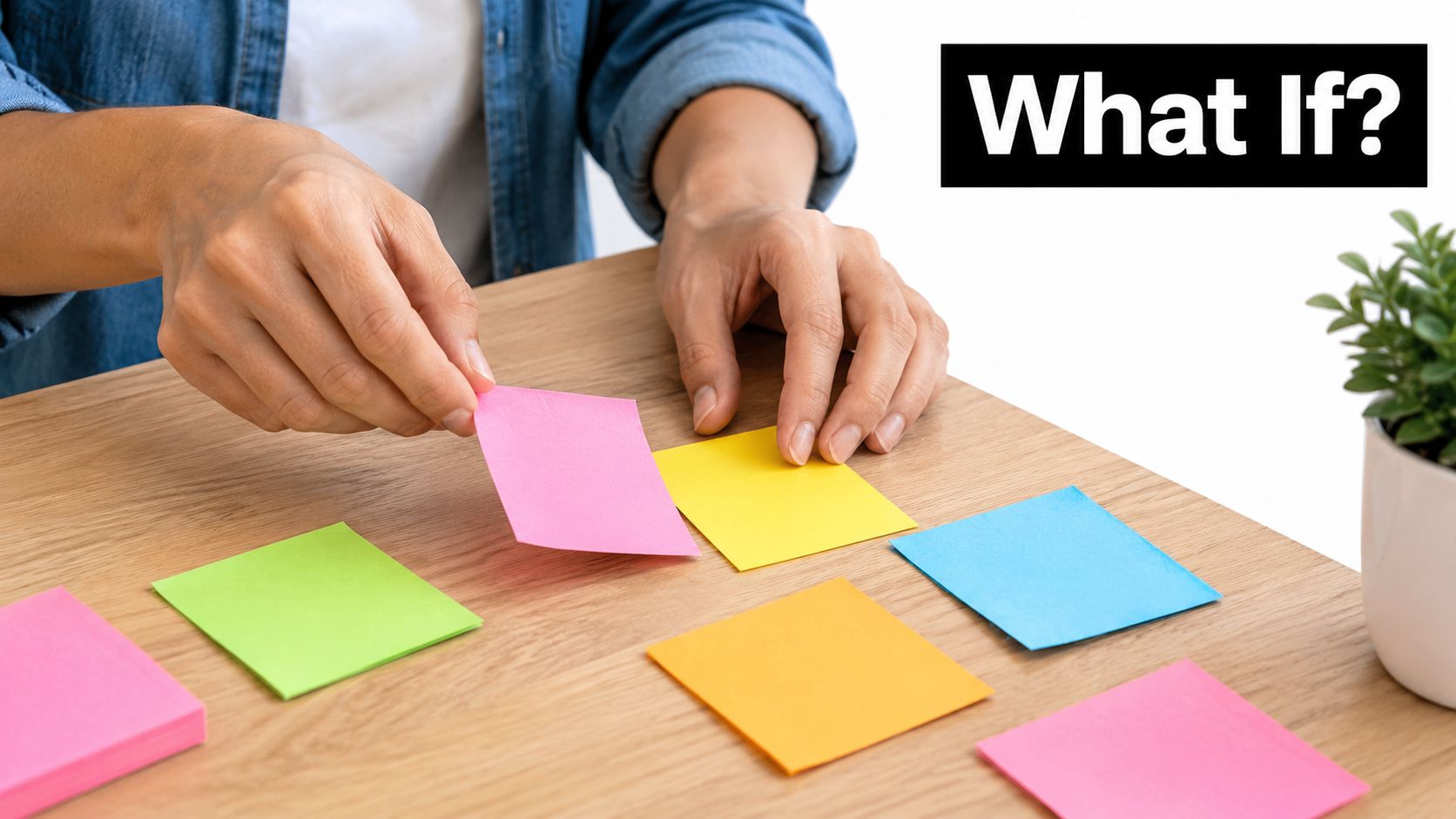 A person placing a pink sticky note on a wooden desk surrounded by colorful note pads.