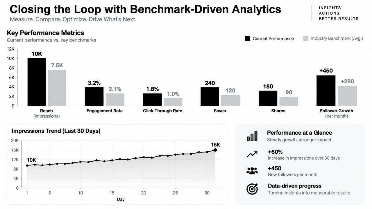 A performance dashboard showing social media metrics comparing current results to industry benchmarks and 30-day trends.