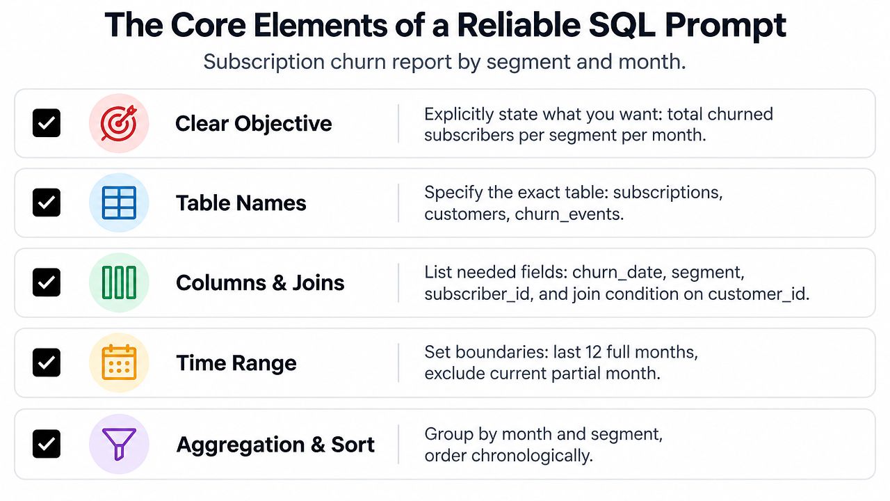 An infographic detailing the five essential components for writing a reliable SQL query prompt for data analysis.