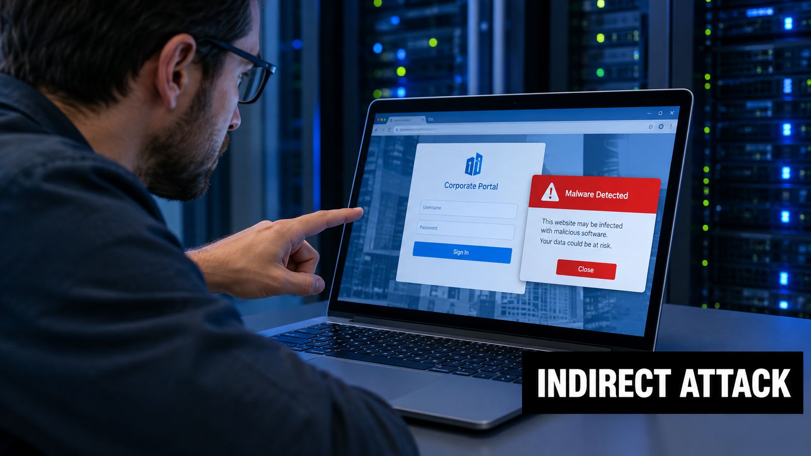 A professional IT worker pointing at a laptop screen showing a malware detection warning while in a server room.