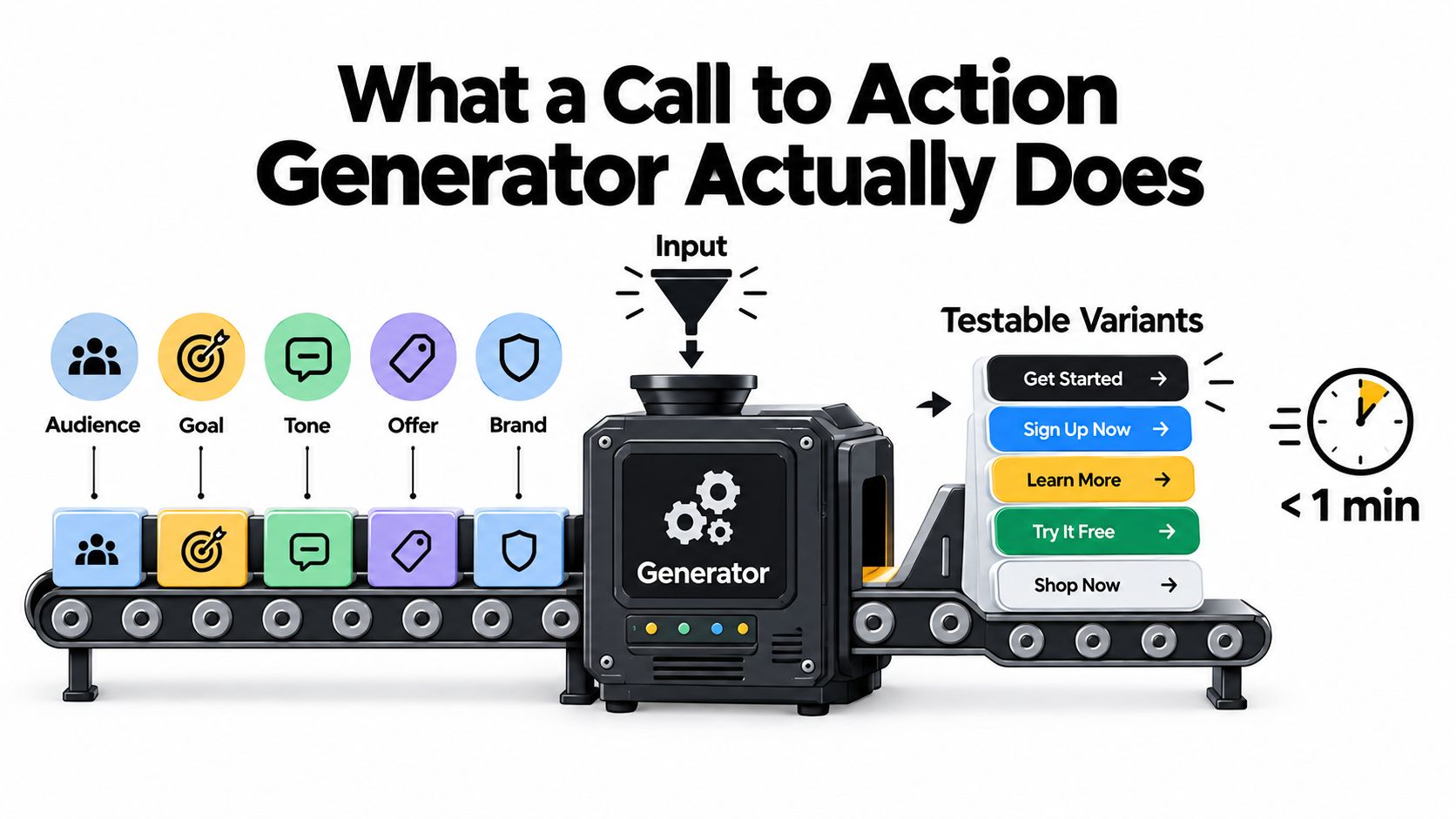 A diagram illustrating a call to action generator processing input data to produce multiple testable button variants quickly.
