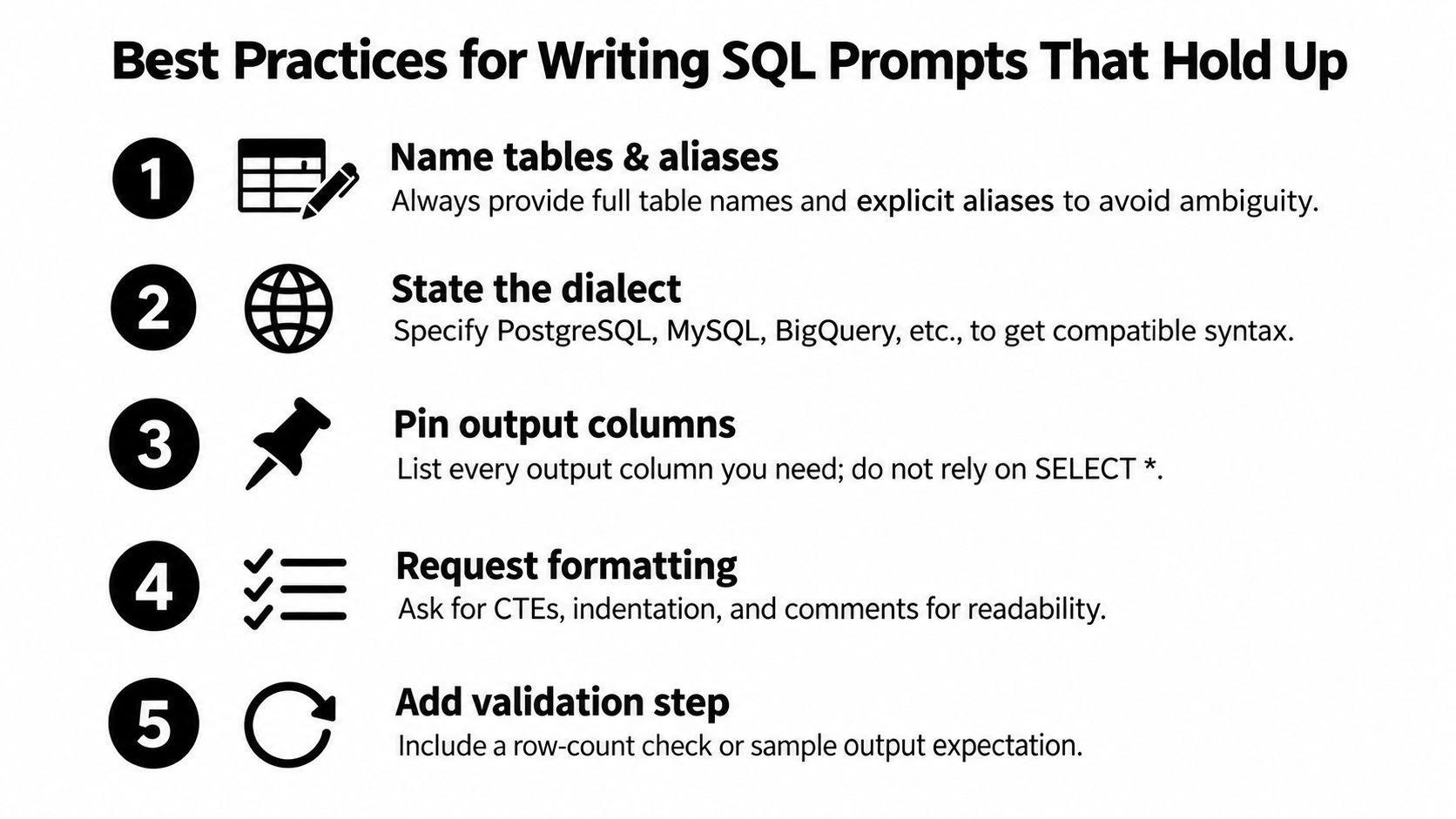 A list of five numbered best practices for writing effective and reliable SQL prompts for AI models.