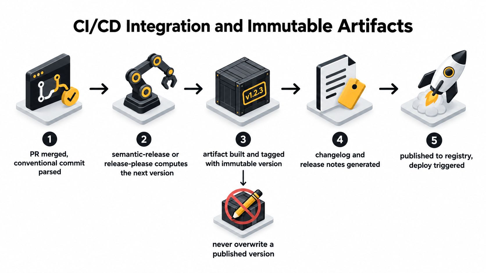 A five-step diagram illustrating the automated CI/CD pipeline process and the importance of using immutable software artifacts.