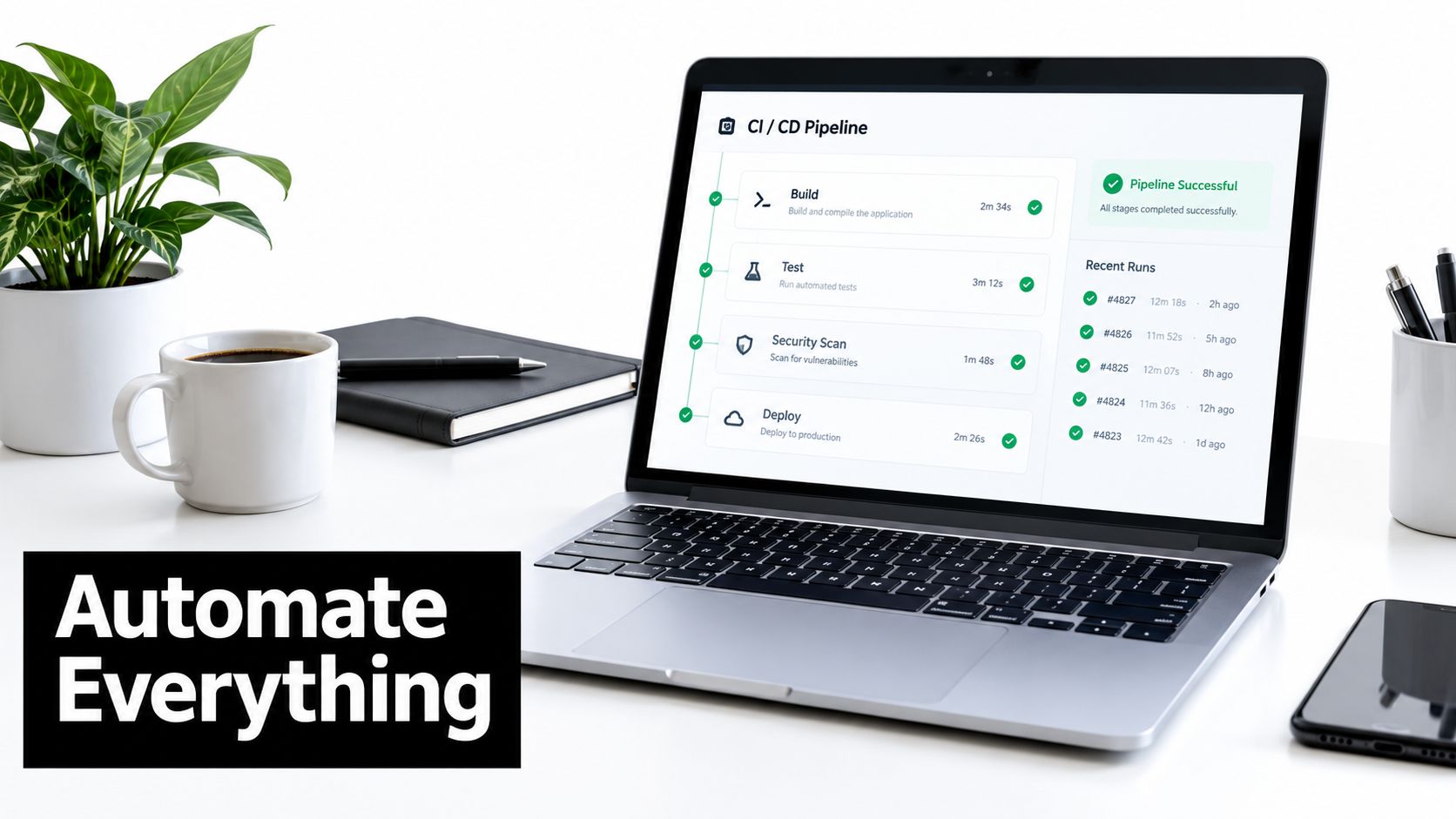 A modern laptop on a white desk displaying a CI/CD automation pipeline dashboard with successful deployment stages.