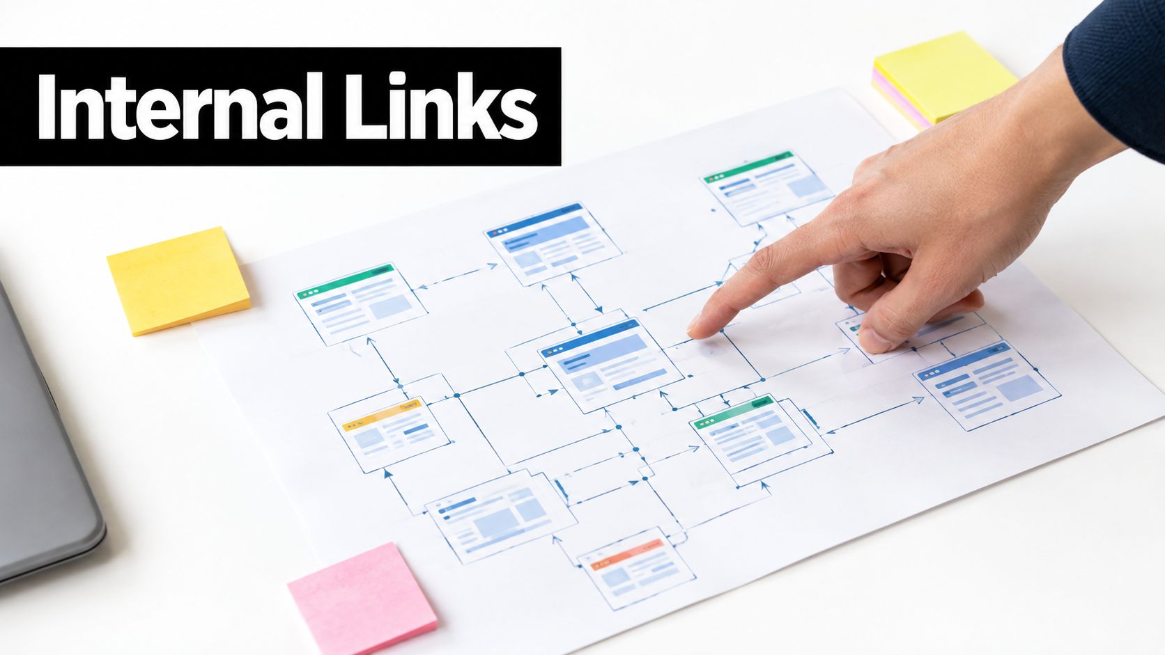 A hand pointing to a website architecture diagram on a paper illustrating internal link connections for SEO.
