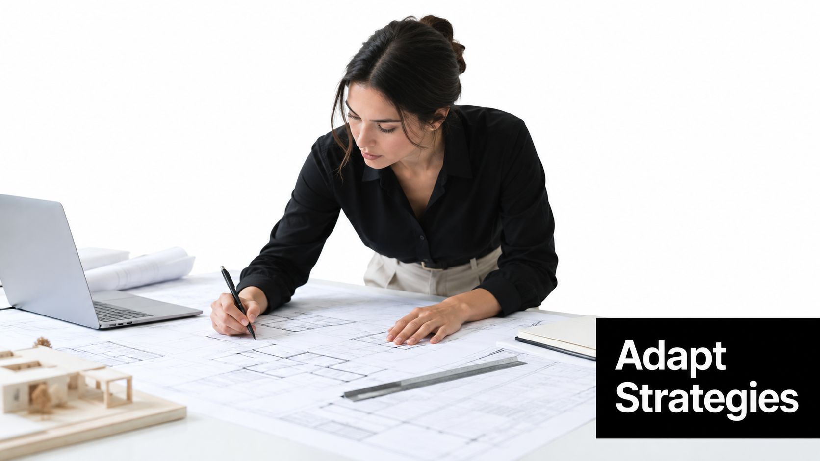 A professional female architect working on detailed building blueprints at her desk with a laptop.